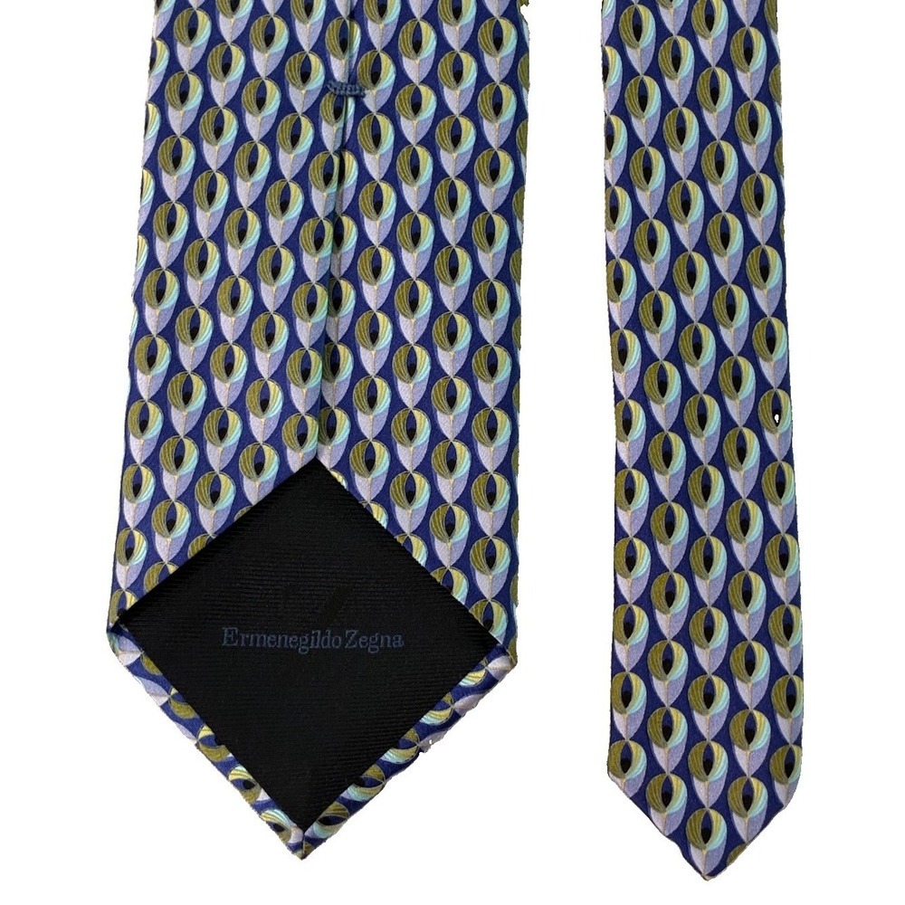 Ermenegildo Zegna Men's Blue Geometric Peacock Eye Silk Tie Necktie Italy - Picture 2 of 7